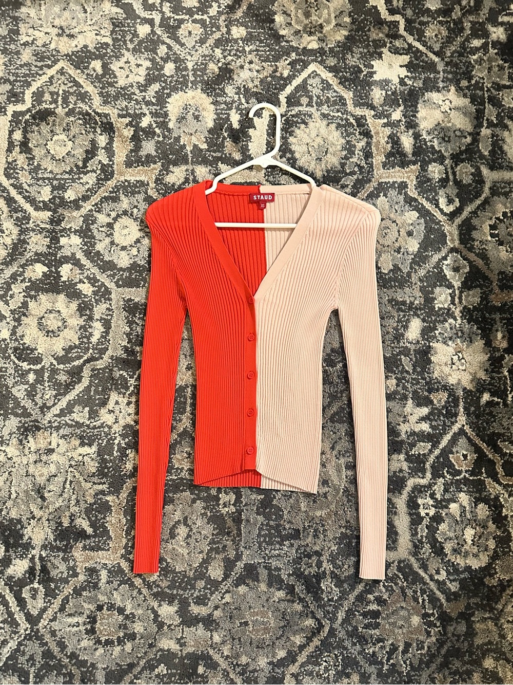 STAUD Two-Tone Ribbed V-Neck Cardigan - Red & Pink